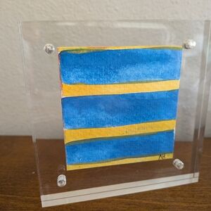Original Blue And Yellow Abstract Watercolor In Acrylic Frame